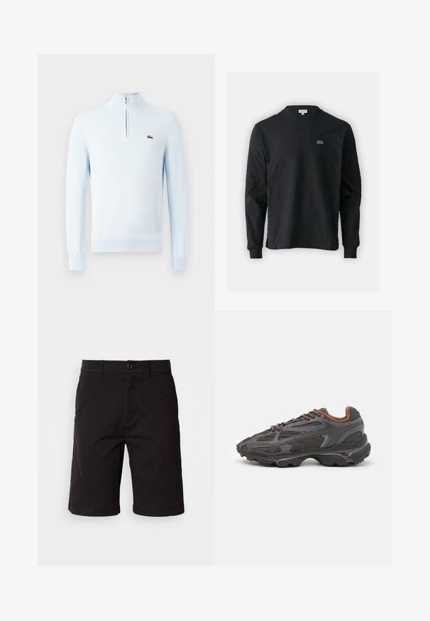 Vaaleansininen pitkähihaine neulepaita, jossa on neljännekselle avattava kaulus ja vasemmassa rinnassa pieni vihreä krokotiililogo.; Musta pitkähiha t-paita, joka on valmistettu puuvillasta. Paita on varustettu pyöreällä kaula-aukolla ja vasemmassa rinnassa on pieni vihreä brodeerattu krokotiililogo.; Mustat shortsit, jotka on valmistettu kevyestä kankaasta. Niissä on nappisulku, vyölenkit, sivutaskut ja suora leikkaus, jossa on käännetyt helmat.; Lacoste-tennar i mörkgrått med nät- och syntetmaterial, med en texturerad sula och bruna accenter på kragen och märket.