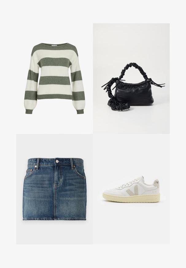 Grøn- og hvidstribet sweater med en afslappet pasform, brede ærmer og ribstrikkede manchetter. Lavet af blødt, tekstureret strikmateriale.; Mørkeblå denim miniskørt med fem lommer, knaplukning og synlige syninger. Glat tekstur med let falmning.; Hvide lærreds sneakers med beige ruskindsdetaljer, perforeret tåboks, flade snørebånd og en struktureret cremefarvet sål. Har diskret branding på hælen.; Sort kunstlæder håndtaske med krokodilteksur, indsnøret top og en sammenkrøben rem. Ser blød og kompakt ud i designet.