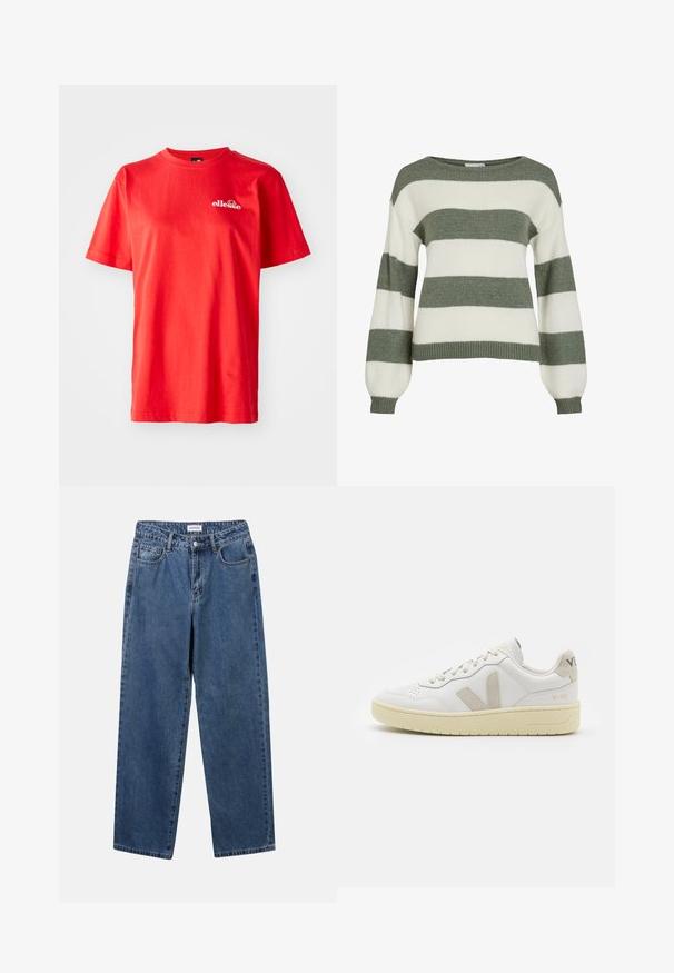 Groen en wit gestreepte trui, met een relaxte pasvorm, brede mouwen en geribbelde manchetten. Gemaakt van zachte, gestructureerde breimateriaal.; Rode katoenen T-shirt met korte mouwen, ronde hals en een klein wit logo op de borst. Glad textuur met een klassieke pasvorm.; Klassieke blauwe denim jeans met een rechte pijp, vijf zakken en een knoopsluiting. Heeft een middelgrote wasbeurt en stevige textuur.; Witte leren sneaker met beige suède accenten, geperforeerde neus, platte veters en een gestructureerde crèmekleurige zool. Heeft subtiele branding op de hak.