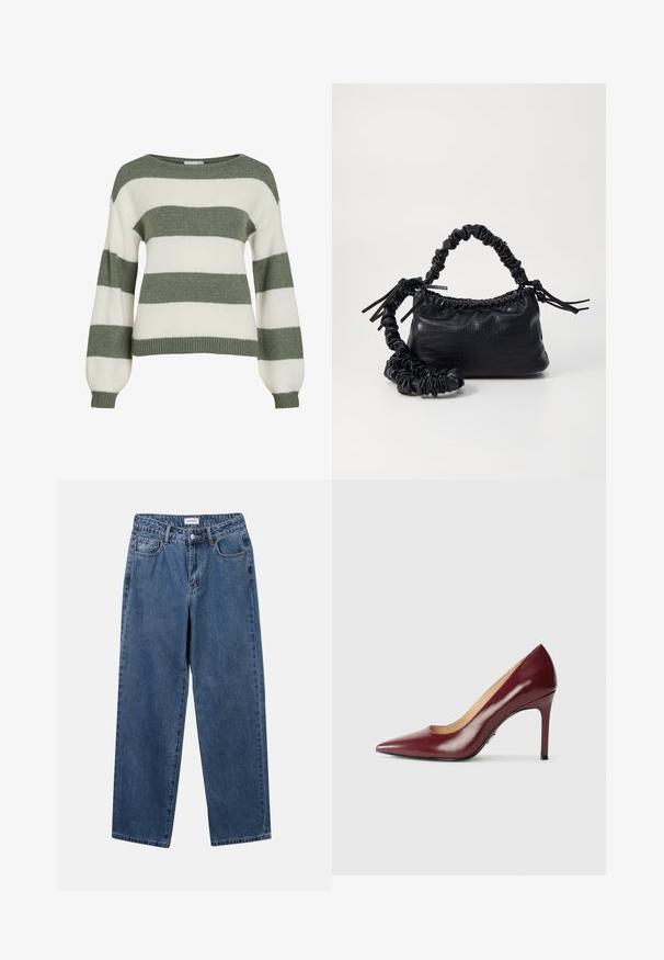 Green and white striped sweater, featuring a relaxed fit, wide sleeves, and ribbed cuffs. Made from soft, textured knit material.; Classic blue denim jeans with a straight-leg design, five pockets, and a button closure. Features a medium wash and sturdy texture.; Dark red leather pointed-toe high heel pump with a slim stiletto heel on a white background.; Black faux leather handbag with a crocodile texture, cinched top, and a scrunched strap. Appears soft and compact in design.