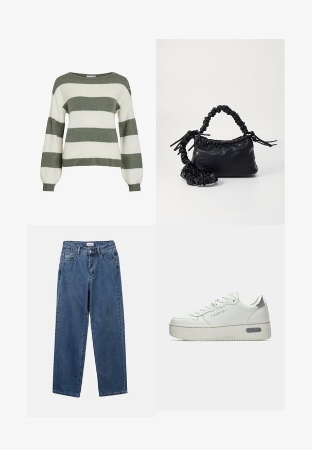 Pull rayé vert et blanc, avec une coupe décontractée, des manches larges et des bords côtelés. Fabriqué en matière tricotée douce et texturée.; Jean en denim bleu classique avec une coupe droite, cinq poches et une fermeture par bouton. Présente un lavage moyen et une texture robuste.; Baskets en cuir blanc avec une semelle texturée, dotées d'un empiècement de talon métallique argenté et d'un logo "REPLAY" sur le côté. Design minimaliste.; Sac à main en simili cuir noir avec une texture crocodile, un dessus resserré et une sangle froncée. A l'apparence douce et compacte.