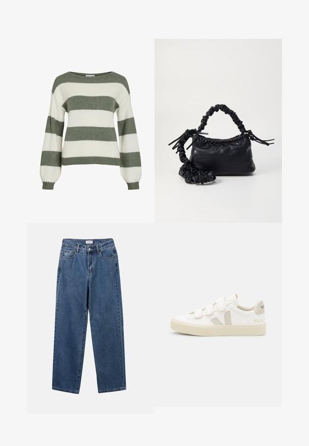 Zeleno-bela prugasta majica, ki ima sproščen kroj, široke rokave in rebraste manšete. Izdelana iz mehke, teksturirane pletenine.; Klasične modre jeans hlače s ravnim krojem, petimi žepi in gumbom za zapiranje. Imajo srednje pranje in trdno teksturo.; Beli športni copati z ježkom, predelani z bež semišem, gumijastim podplatom z teksturo in s sivim V logotipom. Minimalističen dizajn, zaobljena oblika.; Črna torbica iz umetnega usnja s krokodilovo teksturo, z zvitim vrhom in zmečkano naramico. Zdi se mehka in kompaktna v oblikovanju.