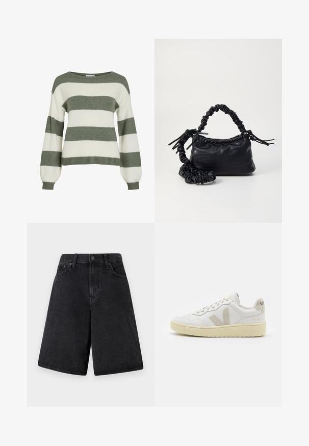 Vihreä ja valkoinen raidallinen neulepaita, jossa on rento istuvuus, leveät hihat ja ribattu hihansuu. Valmistettu pehmeästä, teksturoidusta neuloksesta.; Mustat farkkushortsit rennolla leikkauksella, joissa on korkea vyötärö, viisi taskua ja napitus edessä.; Valkoiset nahkakengät, joissa on vaaleanruskeat pigmenttisuojat, rei'itetty kärki, litteät nauhat ja teksturoitu kermaisa pohja. Takana on huomaamaton brändäys.; Must-have mustekahvi nahkalaukku krokotiiliaistalla, kiristetty yläosa ja rypistetty hihna. Näyttää pehmeältä ja kompaktilta muotoilultaan.