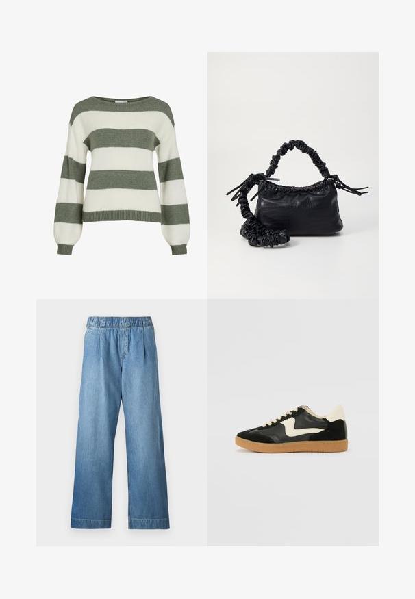 Zielono-biały sweter w paski, z luźnym krojem, szerokimi rękawami i ściągaczami. Wykonany z miękkiego, teksturowanego materiału dzianinowego.; Jasnoniebieskie dżinsowe spodnie z elastycznym paskiem w talii, szerokimi nogawkami i delikatną fakturą. Nie mają widocznych kieszeni ani ozdób.; Czarne zamszowe i skórzane sneakersy z kremowym boku i jasnokremowym piętą. Posiada beżowe sznurowadła i gumową podeszwę.; Czarna torebka z syntetycznej skóry o teksturze krokodyla, z zaciąganym górnym zamknięciem i marszczonym paskiem. Wygląda na miękką i zwartą w designie.