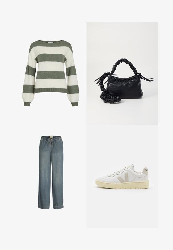 Zeleni i bijeli prugasti pulover, s opuštenim krojem, širokim rukavima i rebrastim manžetama. Izrađen od mekog, teksturiranog pletenog materijala.; Svijetlo plavi traper hlače širokog kroja, s elastičnom trakom u struku i vezicom. Ima standardne šavove i nema vidljivih džepova.; Bijele kožne tenisice s bež nubuk naglascima, perforiranim prednjim dijelom, ravnim čipkama i teksturiranom kremastom potplatom. Sadrži suptilni brend na pete.; Crna torba od umjetne kože s teksturom krokodila, s cinčanim vrhom i naboranom trakom. Izgleda mekano i kompaktno u dizajnu.