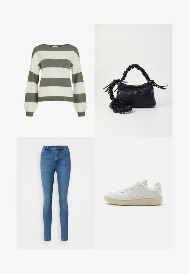 Suéter a rayas verdes y blancas, con un ajuste relajado, mangas anchas y puños acanalados. Fabricado con un material de punto suave y texturizado.; Jeans ajustados de color azul fabricados con denim, que presentan un diseño clásico de cinco bolsillos, cierre de botón y un ligero desgaste para variar la textura.; Zapatillas de cuero blancas con puntera perforada, suela de goma beige en contraste y acentos de logo en el lateral y el talón. Diseño minimalista.; Bolso de mano de imitación cuero negro con textura de cocodrilo, parte superior fruncida y correa arrugada. Presenta un diseño suave y compacto.