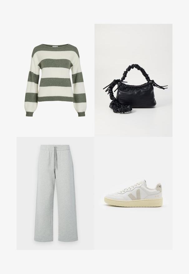 Zeleno-biely pruhovaný sveter s voľným strihom, širokými rukávmi a rebrovanými manžetami. Vyrobený z jemnej, textúrovanej pleteniny.; Sivé teplákové nohavice vyrobené z jemného materiálu, s elastickým pásom so šnúrkou a širokými nohavicami. Bez viditeľných vzorov alebo kovových prvkov.; Biele kožené tenisky s béžovými semišovými akcentmi, perforovanou špičkou, plochými šnúrkami a textúrovanou krémovou podrážkou. Obsahujú jemné označenie na päte.; Čierna umelá kožená kabelka s kroko vzorom, sťahovaným vrchom a zhnutým popruhom. Vyzerá mäkko a kompaktné v dizajne.