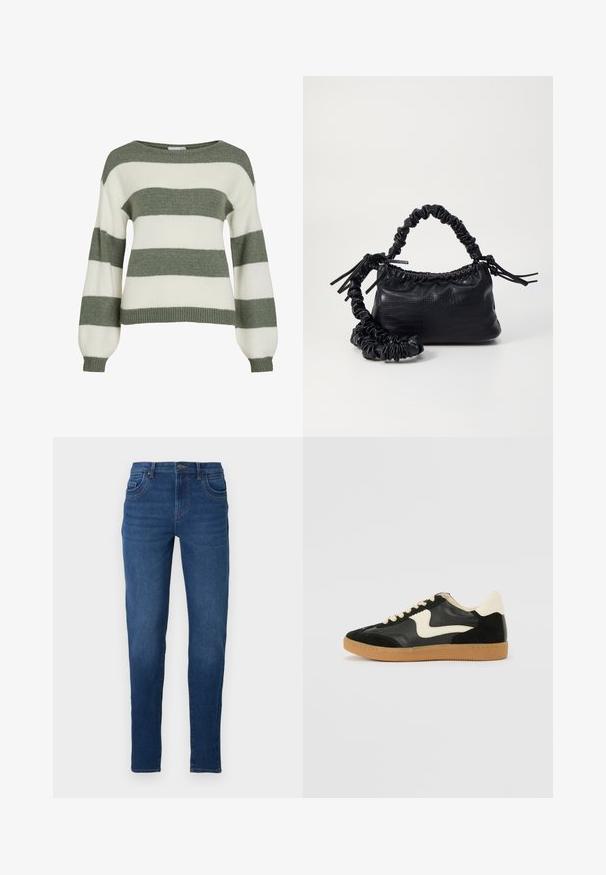 Roheline ja valge triibuline kampsun, mis on jalakate ja laiemate varrukatega, ning ääred on soonikuga. Valmistatud pehmest ja tekstuuritud kootud materjalist.; Tumedat sinised teksapüksid, millel on kitsas lõige, viie tasku, vöörihmade ja lukk, mis sulgub nupuga. Sile tekstuur.; Must musta ja nahast sneakersid, millel on koorevärvi külgsuund ja hele koorik. Omab beeži paelu ja kummi kummist välistalla.; Must must sünteetilisest nahast käekott, millel on krokodillimuster, kokku tõmmatav ülaosa ja kortsus rihm. Tundub pehme ja kompaktne disain.