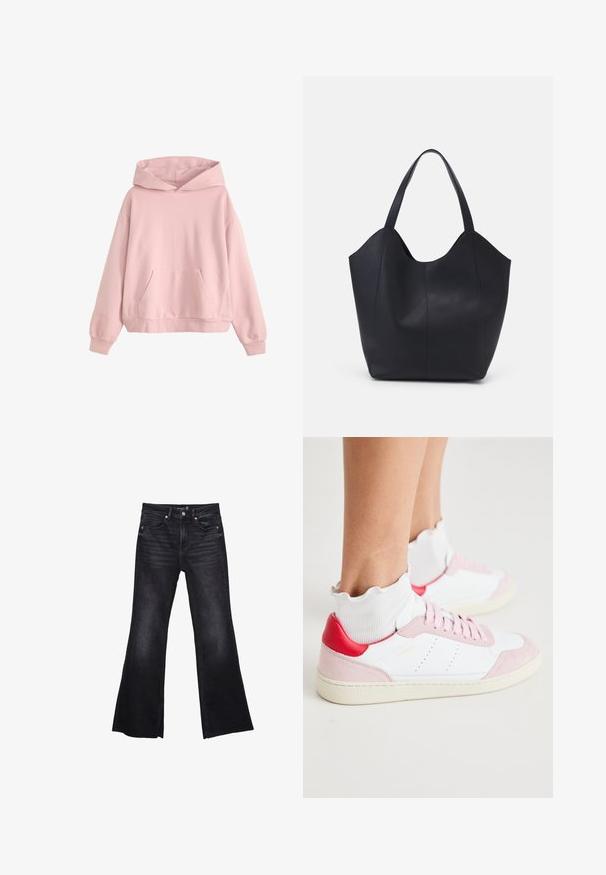 Levi's® Kapuzenpullover - light pink; Schwarze, ausgestellte Jeans aus Denim mit leicht verwaschenem Textur. Verfügt über Fronttaschen, einen Reißverschluss und sichtbare Nähte.; Weiße Sneakers mit rosa Wildlederdetails an der Zehenpartie und der Ferse, rotem Fersenelement und einer strukturierten weißen Knöchelsocke mit welligem Rand.; Schwarze Tote-Bag aus glattem Leder, mit einem abgerundeten, offenen Oberteil, zwei Schulterträgern und einem minimalistischen Design.
