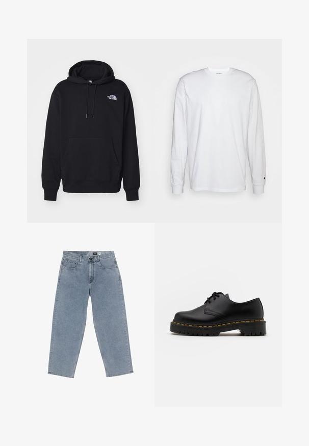 Musta huppari pehmeästä kankaasta, jossa on etutasku, nyörillä varustettu huppu ja pieni valkoinen logo vasemmassa rintamuksessa.; Valkoinen pitkähihainen t-paita, joka on valmistettu puuvillasta. Pyöreä kaula-aukko, jossa on resorikujat ja pieni logo vasemmassa hihassa. Tasainen pinta.; Vaaleansiniset farkut, joissa on leveät lahkeet, napitus, viisi taskua ja suorat lahkeet. Pehmeä rakenne, vähäinen kulu, ja siisti ompelu.; Musta nahkainen nauhakenkä, jossa on pyöreä kärki, kuvioitu kumipohja ja keltaiset tikit ympäri pohjaa. Litteä muotoilu ja sileä pinta.