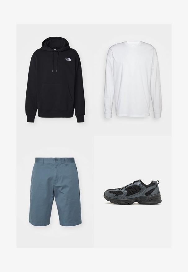 Black hoodie made of soft fabric, featuring a front pocket, drawstring hood, and small white logo on the upper left chest.; White long-sleeved T-shirt made of cotton. Crew neck design with ribbed cuffs and a small logo on the left sleeve. Smooth texture.; Blue cotton shorts featuring a button closure, belt loops, and side pockets. Smooth texture with a relaxed fit, reaching above the knee.; Black and grey athletic shoes with a textured mesh upper, rubber sole, and supportive design. Features logo and lacing system.