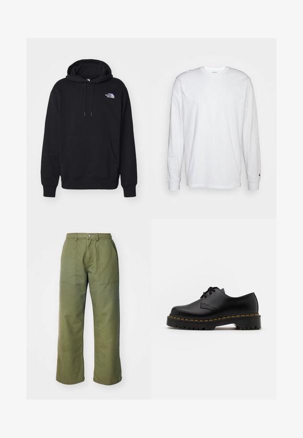 Must see kõrge kvaliteediga must kapuutsiga särk, mis on valmistatud pehmest kangast. Särgil on ees tasku, reguleeritav kapuuts ja väike valge logo vasakul rinnal.; Valge pika varrukaga T-särk, mis on valmistatud puuvillast. Ümmargune kaelus, ribaga mansetid ja väike logo vasakul varrukal. Sile tekstuur.; Oliivroheline lai säärega püksid, mis on valmistatud tugevast kangast, varustatud tõmblukuga, esi-taskutega ja lihtsa õmblusega detailidega.; Must musta lesti kingad ümarate varvastega, tekstureeritud kummitald ja kollane õmblus aluse ääres. Lame disain ja sile viimistlus.