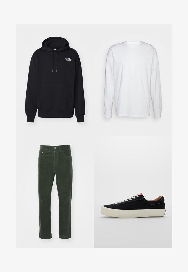 Zwarte hoodie van zacht materiaal, met een voorzak, een trekkoord aan de capuchon en een klein wit logo op de bovenste linkerborst.; Witte lange mouwen T-shirt van katoen. Ronde hals ontwerp met ribgebreide manchetten en een klein logo op de linkermouw. Gladde textuur.; Groene corduroy broek met een recht gesneden ontwerp, voorzien van vijf zakken, metalen knoopsluiting en een gestructureerd ribbeloppervlak.; Zwarte stoffen sneaker met witte veters, beige rubberen zool en rode accent aan de hiel. Rond toe en minimale stikseldetails.