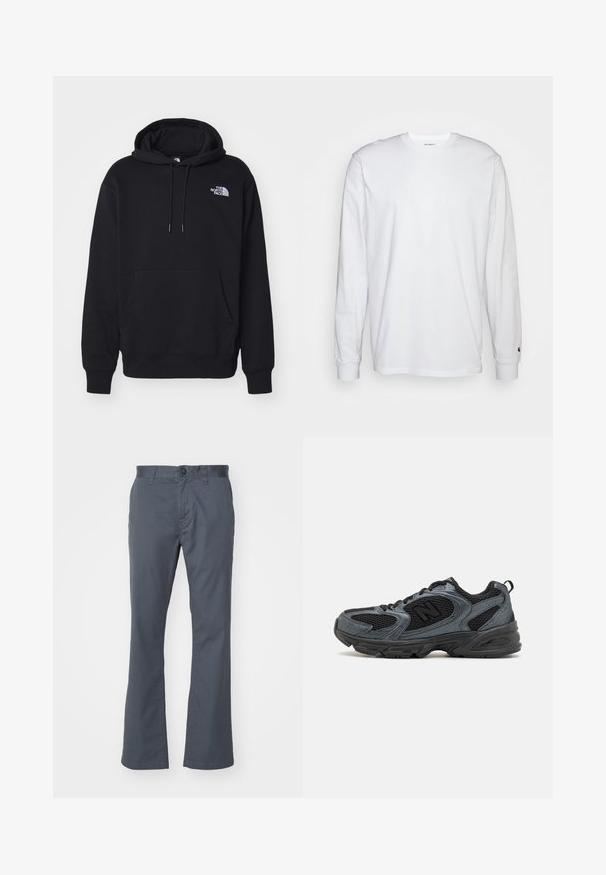 Black hoodie made of soft fabric, featuring a front pocket, drawstring hood, and small white logo on the upper left chest.; White long-sleeved T-shirt made of cotton. Crew neck design with ribbed cuffs and a small logo on the left sleeve. Smooth texture.; Dark gray, straight-leg pants made of cotton blend, featuring a front button closure, belt loops, and standard pockets. Smooth texture.; Black and grey athletic shoes with a textured mesh upper, rubber sole, and supportive design. Features logo and lacing system.