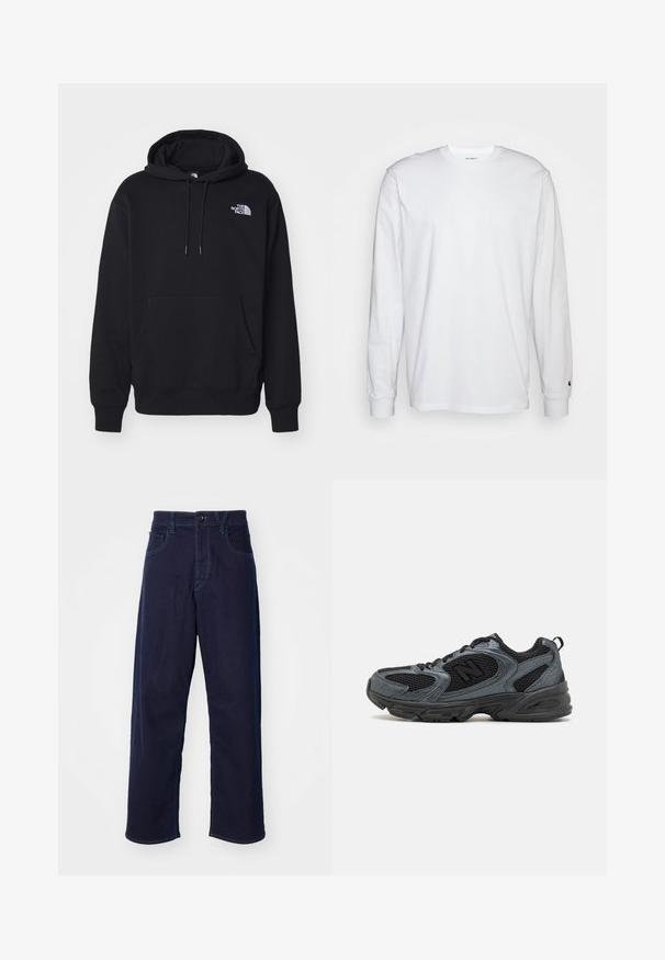 Černá mikina s kapucí vyrobená z měkkého materiálu, obsahující přední kapsu, stahovací šňůrku a malé bílé logo na levé horní části hrudi.; Bílá dlouhá tričko s dlouhými rukávy vyrobené z bavlny. Design s kulatým výstřihem, žebrované manžety a malé logo na levém rukávu. Hladká textura.; Tmavě modré džíny s rovnými nohavicemi, se zapínáním na knoflík vpředu, poutky na opasek a kontrastním prošíváním.; Černé a šedé sportovní boty s texturovaným síťovaným svrškem, gumovou podrážkou a podpůrným designem. Obsahují logo a systém zavazování.