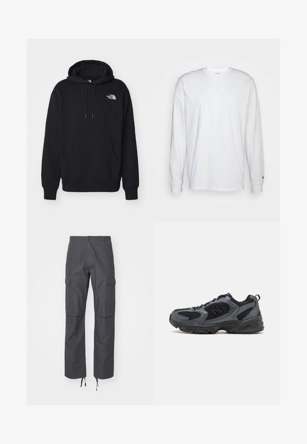 Svart hoodie i mjukt tyg, med en framficka, dragsko i huven och en liten vit logotyp på övre vänstra bröstet.; Vit långärmad T-shirt i bomull. Rundhalsdesign med ribbad mudd och en liten logotyp på vänster ärm. Slät textur.; Carhartt WIP AVIATION PANT - Cargobyxor - graphite rinsed; Svarta och grå sportskor med en texturerad mesh-överkonstruktion, gummisula och stödjande design. Utrustad med logotyp och snörningssystem.