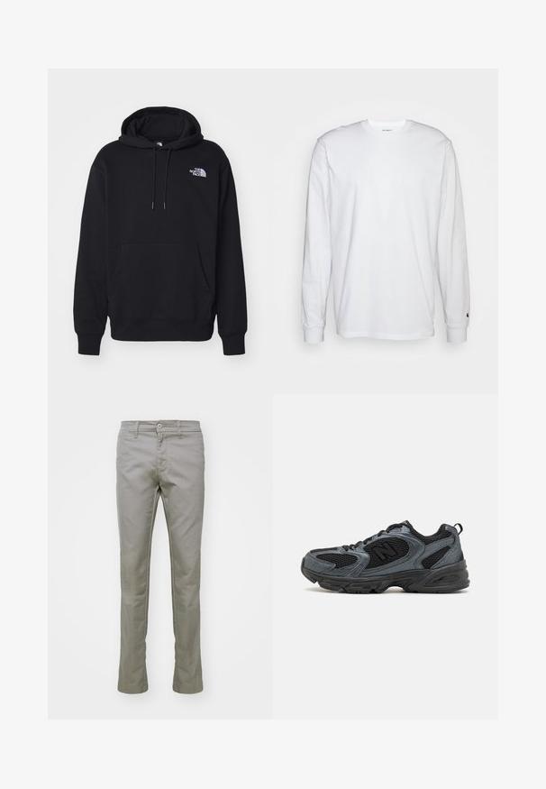 Čierna mikina s kapucňou vyrobená z mäkkej látky, s predným vreckom, kapucňou so šnúrkou a malým bielym logom na hornej ľavej časti hrude.; Biela dlhá bavlnená tričko s dlhým rukávom. Dizajn s okrúhlym výstrihom a rebrovanými manžetami, malá nášivka na ľavom rukáve. Hladká textura.; Carhartt WIP SID PANT - Nohavice - misty grey; Čierne a šedé atletické topánky s textúrovanou sieťovinou, gumovou podrážkou a podporujúcim dizajnom. Obsahujú logo a systém šnurovania.