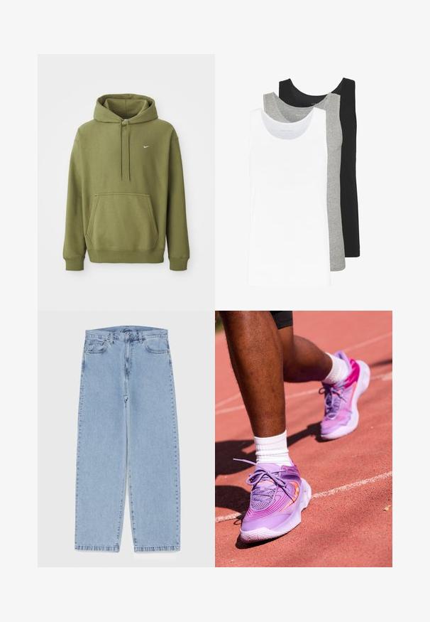 Oliwkowa bluza z kapturem, z przednią kieszenią, regulowanym kapturem na sznurki, ściągaczami na rękawach i u dołu oraz małym białym logo Nike na klatce piersiowej.; Trzy topy na ramiączkach w kolorze białym, szarym i czarnym. Każdy z nich ma klasyczny bezrękawnikowy fason, wykonany z lekkiej bawełnianej tkaniny z prążkowaną teksturą.; Jasnoniebieskie dżinsy o prostym kroju nogawki, z średnim stanem, pięcioma kieszeniami oraz zapięciem na guzik i zamek błyskawiczny.; Nike Performance GIANNIS IMMORTALITY 4 fioletowy