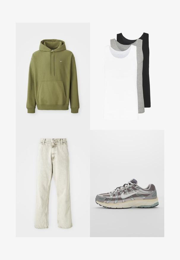 Olive rohelise kapuutsiga dressipluus, ees suure taskuga, reguleeritava nööriga kapuuts, soonikkoes varrukad ja ääred ning väike valge Nike logo rinnal.; Kolme topit valgest, hallist ja mustast. Igaühel on klassikaline varrukateta disain, valmistatud kergest puuvillalisest kangast, millel on soonikstruktuur.; Heledhalli teksapüksid sirge jala disainiga, nööbiga kinnitamine ja vöökohad. Omab peent tekstuuri ja minimalistlikke õmblusdetails. ; Hallus hallitus jalanõud, millel on võrgust ja sametist ülemine osa, valged rõhutused, pehme tald ning eristuv disain peegelduvate elementidega.