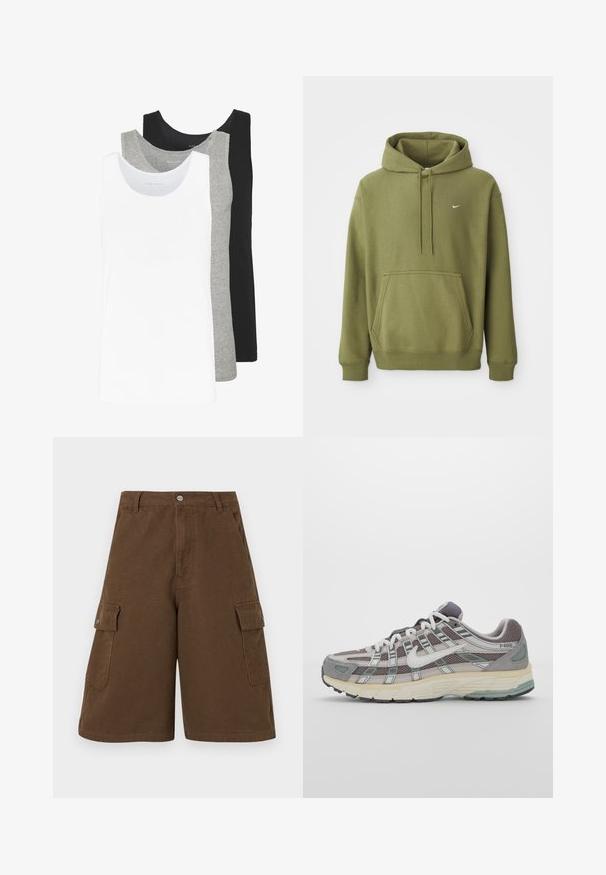 Olíva zöld kapucnis felső elülső zsebből, állítható húzózsinórral a kapucnin, bordás mandzsettákkal és szegéllyel, valamint egy kis fehér Nike logóval a mellkason.; Három ujjatlan póló fehér, szürke és fekete színben. Mindegyik klasszikus ujjatlan dizájnnal készült, könnyű pamut anyagból, bordázott textúrával.; Barna cargo sort, egyenes szabással, két oldalzsebbel és első gombos záródással. Tartós pamut anyagból készült, matt kivitelben.; Szürke sportcipő, hálós és velúr felsőrésszel, fehér részletekkel, párnázott talppal és jellegzetes dizájnnal, amely visszaverő elemeket tartalmaz.