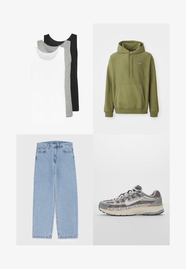 Olivgrüner Hoodie mit vorderer Bauchtasche, verstellbarem Kordelzugkapuze, gerippten Bündchen und Saum sowie kleinem weißen Nike-Swoosh auf der Brust.; Drei Tanktops in Weiß, Grau und Schwarz. Jedes hat ein klassisches ärmelloses Design und besteht aus leichtem Baumwollstoff mit einer Rippstruktur.; Hellblaue Jeans aus Denim mit geradem Bein, ausgestattet mit einer mittelhohen Taille, fünf Taschen sowie einem Knopf- und Reißverschluss.; Grauer Sportschuh mit einem Obermaterial aus Mesh und Wildleder, weißen Akzenten, einer gepolsterten Sohle und einem charakteristischen Design mit reflektierenden Elementen.