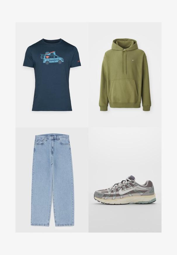 Olivengrønn hettegenser med lomme foran, justerbar snorhette, ribbestrikkede ermer og nederkant, samt liten hvit Nike swoosh på brystet.; Marineblå bomull T-skjorte med et lyseblått grafikk av en campingvogn med fjellutstyr på taket og "DYNAFIT"-logo i oransje.; Lyseblå denimjeans med rett ben-design, med mid-rise liv, fem lommer og knap og lynlås lukning.; Grå treningssko med overdel i nett og semsket skinn, hvite detaljer, en polstret såle, og et særpreget design med reflekterende elementer.