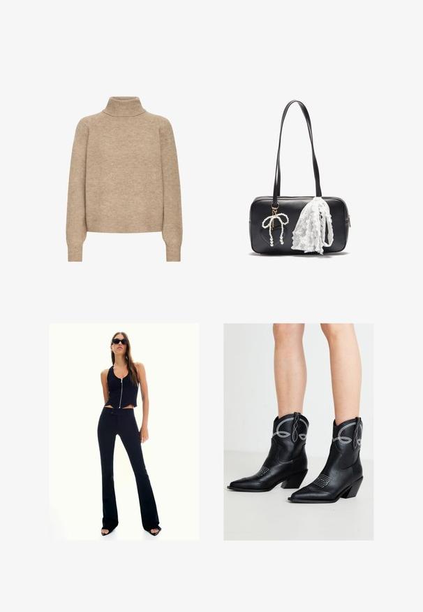 Beige turtleneck sweater made of soft knit fabric. Features raglan sleeves, ribbed neckline, and cuffs with a relaxed fit.; Black cropped tank top with a front zipper, paired with high-waisted black flared pants. Model wears dark sunglasses and high-heeled sandals.; Black leather cowboy boots with white stitching worn on bare legs, featuring pointed toes and angled block heels on a plain light floor.; Even&Odd Handbag - black
