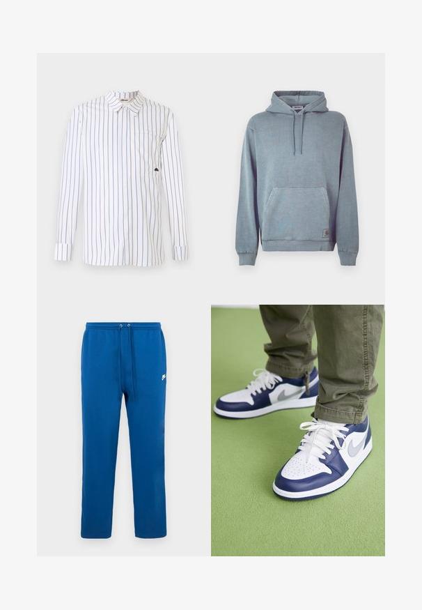 Gaiši zils džemperis ar kapuci no mīkstas kokvilnas maisījuma, ar kenguru kabatu, auklas kapuci, ribotām aprocēm un mazu logotipa uzlikas.; Balts garām piedurknēm krekls ar plānām ziliem vertikāliem svītrainiem, pogājamā apkakle, viena krūšu kabata un locāmās aproces. Gluda auduma tekstūra.; Zilas kokvilnas sporta bikses ar elastīgu jostu un auklu, sānos ar baltu zīmola logotipu. Taisna kāja bez rakstiem.; Zilie un balti ādas sporta apavi ar perforētu purngali, baltiem šņorēm un sudraba akcentiem, saskaņoti ar olīvu zaļiem biksēm uz zaļas virsmas.