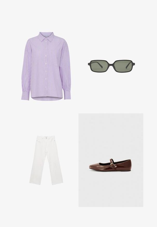 Vinrød off-shoulder sweater med ribstrikket halsudskæring og manchetter, let strikket tekstur og en løs, kort pasform.; Lilla og hvid stribet langærmet skjorte med knaplukning foran og en enkelt brystlomme. Har en klassisk krave og en afslappet pasform.; Hvide denim bred ben bukser med en klassisk fem-lomme design, metalhardware og kontraststing. Glat tekstur og afslappet pasform.; Brun patentlæder balletflade med firkantet tå og strop med en lille guldbuckle. Glat tekstur, lav hæl og minimalistisk design.; Sorte rektangulære solbriller med mørkegrønne linser, der har et fladt design, minimalistiske sider og en letvægtsramme for komfort.; Sort læderhåndtaske med flettede håndtag, lynlåslomme og hængende frynser. Tekstureret overflade med metalnitter og hardware-accenter.