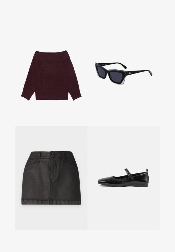 Pulover bordo cu decolteu pe umeri, cu guler și manșete striate, textură tricotată ușoară și croială lejeră, scurtă.; Fustă mini din denim negru, cu închidere prin nasturi în față, bucle pentru curea și două buzunare frontale. Textură netedă cu o strălucire subtilă.; Pantofii plata din piele patentată neagră, cu vârf ascuțit, curea la gleznă cu cataramă și o textură netedă, strălucitoare. Toc jos pentru confort.; Ochelari de soare supradimensionați, negri, cu o formă geometrică, având lentile întunecate și un detaliu gri contrastant pe ramă. Logo pe braț.; Geantă din piele neagră, cu mânere împletite, buzunar cu fermoar și ciucuri suspendați. Suprafață texturată cu capse metalice și accente din metal.; Cercei din metal argintiu cu o formă netedă, în formă de lacrimă și un finisaj lucios. Gravuri subtile adaugă detalii. Design minimalist.