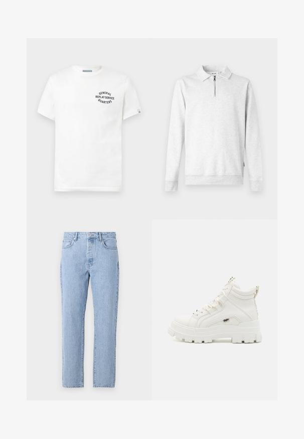 Heled hall sweatshirt, mille krae ja lukuga, pikkade varrukatega, ribaga mansettide ja äärega. Valmistatud pehmest, tekstureeritud kangast. Ilma mustrite või detailideta.; Valge puuvillane t-särk lühikeste varrukatega ja ümar kaelus. Ees on musta teksti kujundus, mis ütleb "ÜLDINE KORDUSTE ENDA TEENUS".; Heledad sinine denimipüks, sirge säärekujundusega, viis taskut ja nööbiga sulgemine. Pehme tekstuur ja klassikaline kulunud viimistlus.; Valged pahkluu kõrgused tennisetsid, millel on tekstuurne viimistlus, paks kummitald ja pehme krae. Omab lipsudega suletud disaini ja logo aktsenti.