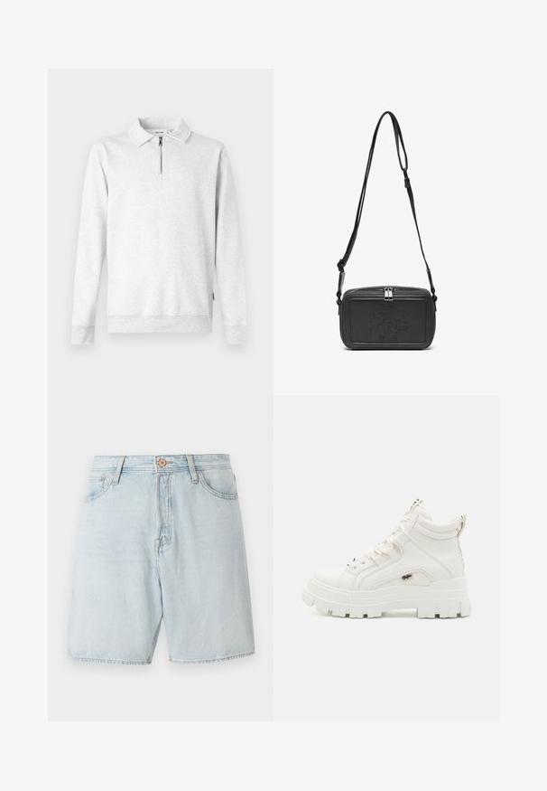 Világosszürke pulóver, cipzáros nyakkal, hosszú ujjal, bordás mandzsettával és alsó szegéllyel. Puha, struktúrált anyagból készült. Nincsenek minták vagy díszítések.; Világoskék farmer rövidnadrág magas derekú kialakítással, öt zsebes dizájnnal és kontrasztos varrással. Klasszikus gombos és cipzáras záródással rendelkezik.; Fehér bokáig érő sportcipők texturált felülettel, vastag gumitalppal és párnázott nyakkal. Fűzős dizájnnal és logós díszítéssel rendelkezik.; Fekete bőrből készült keresztbe hordható táska cipzáras záródással, dombornyomott logóval az elején és állítható pánttal. Simább textúrájú, téglalap alakú.