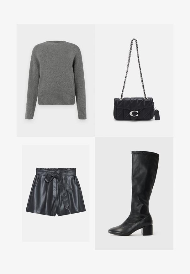 Grijze wol trui met een ronde hals, verlaagde schouders, geribbelde manchetten en zoom. Soepele textuur met een relaxte pasvorm.; Zwarte leren broekjes met een hoge taille, elastische band, verwijderbare strikriem en een gladde textuur. Heeft een vlakke voorkant en zijzakken.; Zwarte kniehoge laarzen van glad leer. Beschikken over een vierkante hak en een slanke silhouet met een eenvoudige schacht en gestikte details aan de bovenkant.; COACH TABBY SHOULDER BAG 20 WITH PILLOW QUILTING - Schoudertas - black