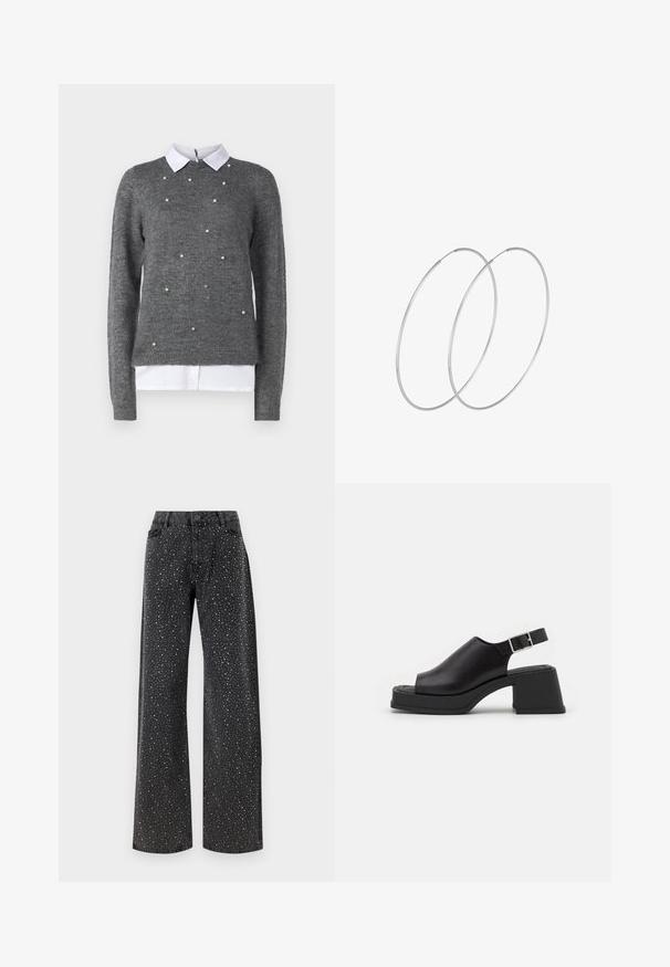 Siv sweater z okroglo ovratnikom, dolgimi rokavi in belim ovratnim majicama. Okrašen z razpršenimi bisernimi detajli. Mehka tekstura.; Noisy May NMJANNEL LOOSE - Široke kavbojke - black denim; Vagabond HENNIE - Sandali s platformo - black; Srebrne uhane v obliki obroča z minimalističnim dizajnom. Krožna oblika, gladka tekstura in tanek profil. Lahki s poliranim zaključkom.