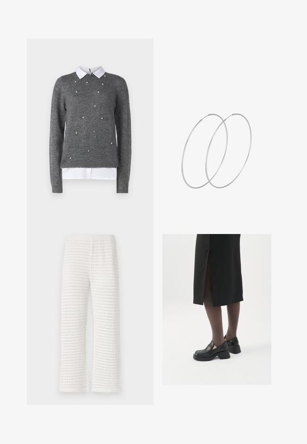Grå sweater med rund halsudskæring, lange ærmer og hvid kraver undertrøje. Dekoreret med spredte perle-lignende detaljer. Blød tekstur.; Hvide teksturerede bukser med et vaffelmønster, der har en strækbar talje og et bredt ben design med bølgende kanter ved sømmen.; Sorte lædersko med rund tå, kraftig blokhæl og elastiske sideaccentuer, parret med mørke strømpebukser og en sort nederdel med slids.; Sølvøreringe med et minimalistisk design. Cirkulær form, glat tekstur og tynd profil. Letvægtige med en poleret overflade.