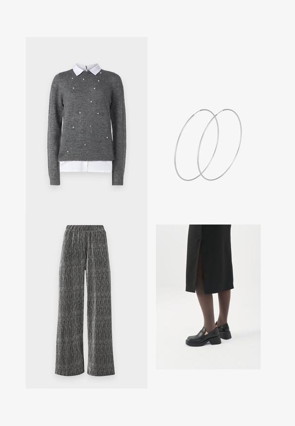 Pelēks džemperis ar apaļu izgriezumu, garām piedurknēm un baltu apakškreklu ar apkakli. Rotāts ar izkaisītām pērlēm līdzīgām akcentiem. Mīksta tekstūra.; Platās bikses no teksturēta melna un sudraba materiāla ar piegulošu elastīgu jostu un vertikālu svītru rakstu.; Melni ādas apavi ar noapaļotu purngalu, biezām bloku papēžiem un elastīgiem sānu akcentiem, apvienoti ar tumšām zeķubiksēm un melnu svārku ar šķirbu.; Sudraba gredzenveida auskari ar minimālistisku dizainu. Cirkulāra forma, gluda tekstūra un plāns profils. Vieglu svaru ar spīdīgu apdari.