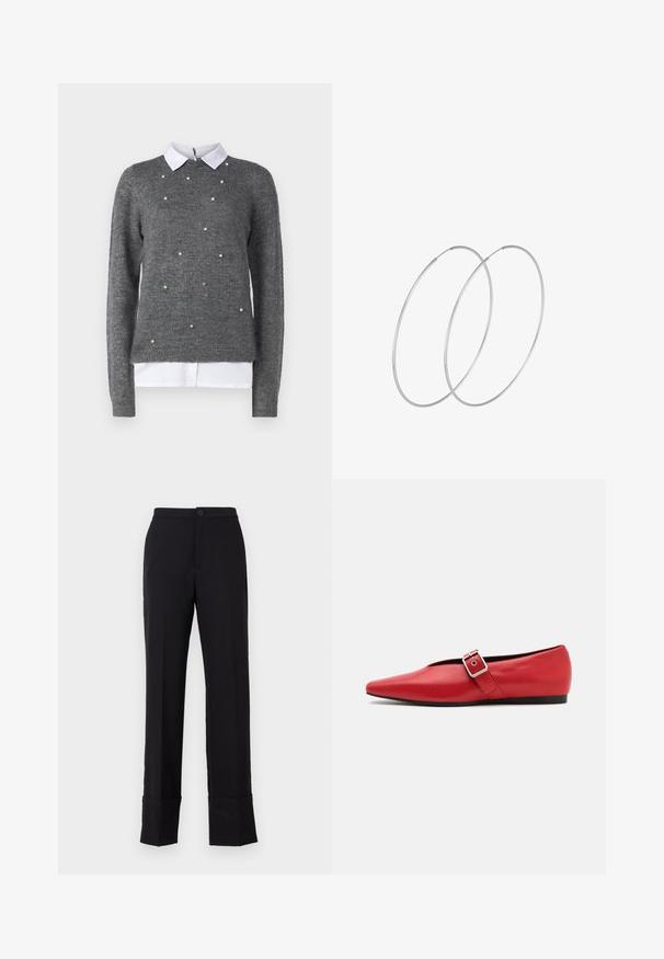 Šedý sveter s okrúhlym výstrihom, dlhými rukávmi a bielou golierovou blúzkou. Ozdobený rozptýlenými perlovými akcentmi. Mäkka textúra.; Čierne rovné nohavice s gombíkovým zapínaním a prehnutým lemom, vyrobené z hladkej tkaniny s matným povrchom. Strih na mieru.; Červená kožená balerína s špicatou špičkou, vybavená bočným popruhom s kovovou prackou a nízkym čiernym podpätkom. Hladká textura po celom povrchu.; Strieborné kruhové náušnice s minimalistickým dizajnom. Cirkulárny tvar, hladký povrch a tenký profil. Ľahké s lesklým povrchom.