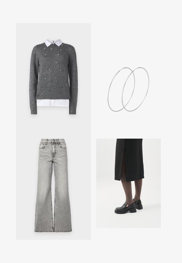 Sivi pulover s okruglim izrezom, dugim rukavima i bijelom majicom s ovratnikom ispod. Ukrašen raspršenim detaljima koji nalikuju biserima. Meka tekstura.; Traperice visokog struka širokih nogavica od svijetlosive denima. Imaju kopčanje na gumb i patentni zatvarač, prednje džepove i vidljive šavove.; Crne kožne cipele s zaobljenim vrhom, debelim blok petama i elastičnim bočnim detaljima, uparene s tamnim čarapama i crnom suknjom s prorezom.; Srebrne okrugle naušnice s minimalističkim dizajnom. Kružni oblik, glatka tekstura i tanak profil. Lagane s poliranim završetkom.