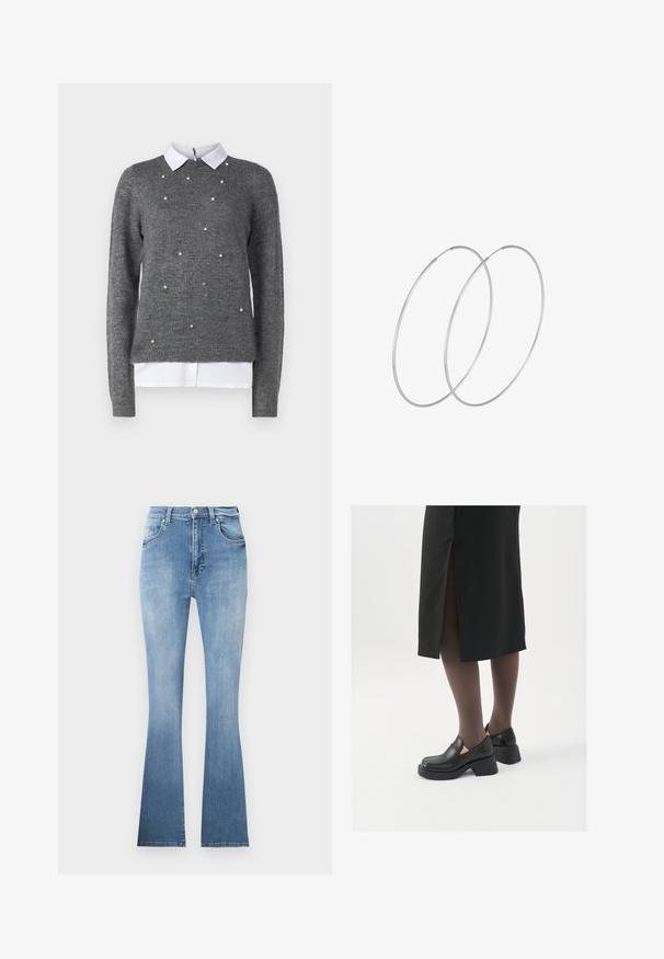 Suéter gris con un cuello redondo, mangas largas y una camisa blanca con cuello debajo. Decorado con acentos dispersos similares a perlas. Textura suave.; Vaqueros de mezclilla de corte acampanado en azul claro, con cintura alta, bolsillos frontales y un ligero desvanecimiento hacia el dobladillo. Presentan costuras claras.; Zapatos de piel negra con punta redondeada, tacón grueso y bloque, y acentos elásticos en los laterales, combinados con unos pantys oscuros y una falda negra con una abertura.; Pendientes de aro plateados con un diseño minimalista. Forma circular, textura suave y perfil delgado. Livianos con un acabado pulido.