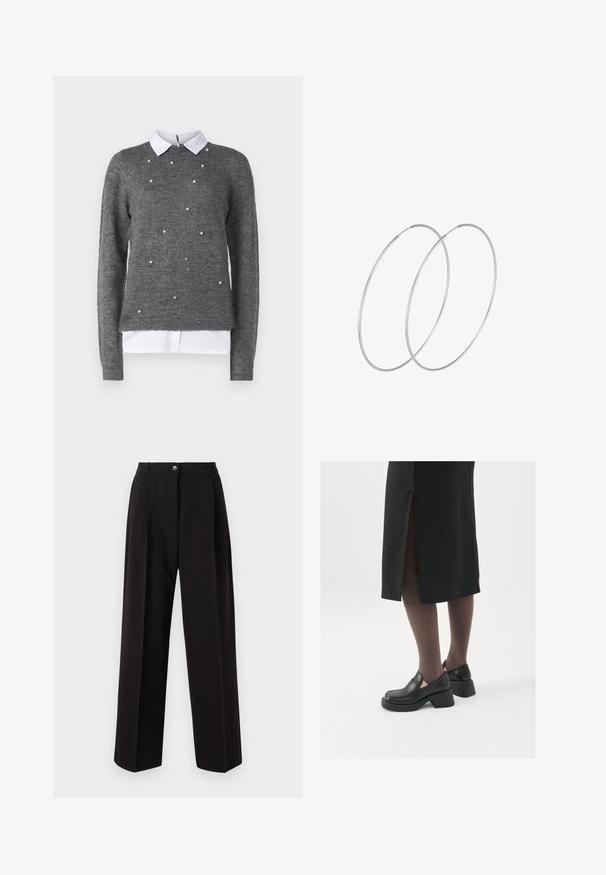 Grauer Pullover mit Rundhalsausschnitt, langen Ärmeln und weißem, kragenähnlichem Unterhemd. Verziert mit verstreuten, perlenähnlichen Akzenten. Weiche Textur.; Schwarze weit geschnittene Hose aus leichtem Stoff. Sie hat einen Knopfverschluß an der Vorderseite, zwei Seitentaschen und einen taillierten Bund. Keine sichtbaren Muster.; Schwarze Lederschuhe mit abgerundetem Zeh, dicker Blockabsatz und elastischen seitlichen Akzenten, kombiniert mit dunklen Strumpfhosen und einem schwarzen Rock mit Schlitz.; Silberne Creolen mit minimalistischem Design. Rundform, glatte Oberfläche und dünnes Profil. Leichtgewichtig mit hochglänzender Oberfläche.