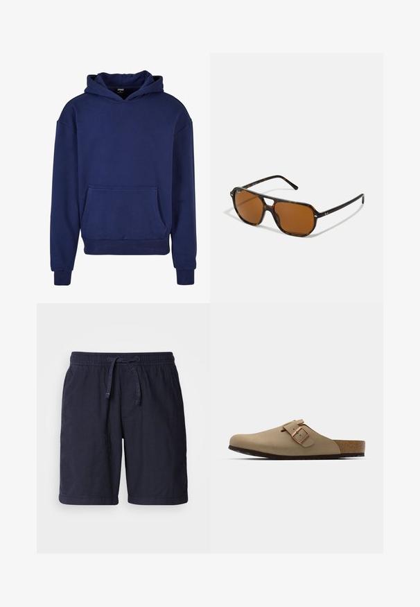 Hoodie bleu marine en tissu doux, doté d'une grande poche avant, de poignets et d'un ourlet côtelés, ainsi que d'une capuche avec cordon de serrage.; Shorts bleu marine en tissu léger, dotés d'une taille élastique avec cordon de serrage et de poches latérales. Design décontracté avec ourlets cousus.; Sabots beiges avec un bout arrondi, accent en boucle ajustable et semelle en liège. Surface texturée avec une semelle en caoutchouc noir pour une meilleure adhérence.; Lunettes de soleil écaille de tortue avec des verres marron, de forme rectangulaire, et des accents en métal sur la monture. Design élégant avec des branches fines.