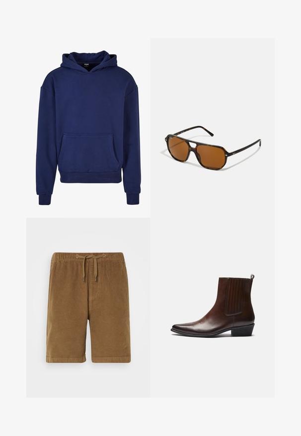Hoodie in Marineblau aus weichem Stoff, mit großer Fronttasche, gerippten Bündchen und Saum sowie einer Kapuze mit Kordelzug.; Braune Corduroy-Shorts mit elastischem Bund und Kordelzug, gerade geschnitten und mit umgeschlagenen Säumen. Einfaches Design, strukturierter Stoff.; Braune Leder-Ankle-Boots mit spitzer Spitze, elastischen Seitenteilen, strukturierten Details auf der Vorderseite und einem niedrigen, gestapelten Absatz.; Schildpatt-Sonnenbrille mit braunen Gläsern, rechteckiger Form und Metallakzenten am Rahmen. Schlankes Design mit dünnen Bügeln.