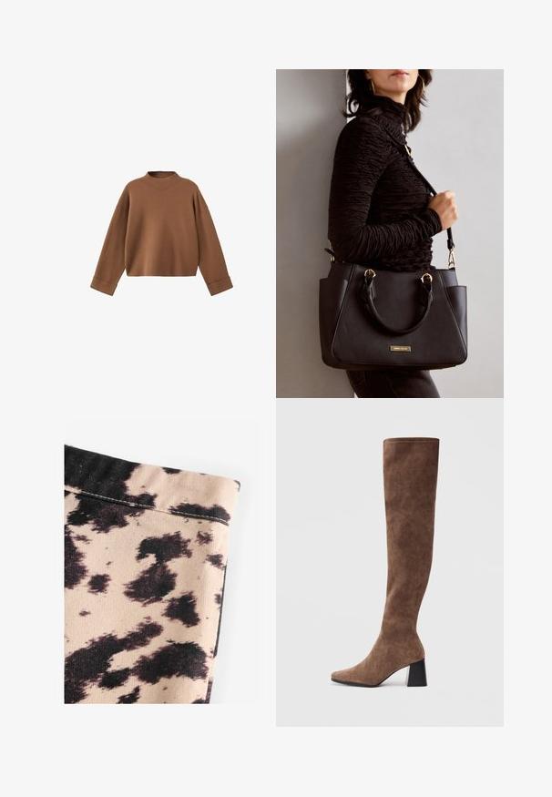 Brauner Strickpullover mit hohen Kragen, abgesenkten Schultern und engen Bündchen. Weiche Textur und cropped Design.; Beige Stoff mit schwarzem Kuhfleckenmuster, ausgestattet mit geriffelter Textur und schlichten Nahtdetails. Keine sichtbaren Beschläge oder Akzente.; Braune Overknee-Stiefel aus weichem Wildleder mit spitzer Zehenform und einem massiven schwarzen Absatz. Das Design verfügt über nahtlose Nähte für einen eleganten Look.; Schwarze Handtasche mit strukturierten Oberflächen, doppelten Obergriffen und verstellbarem Schultergurt. Mit goldfarbener Hardware und Seitentaschen.