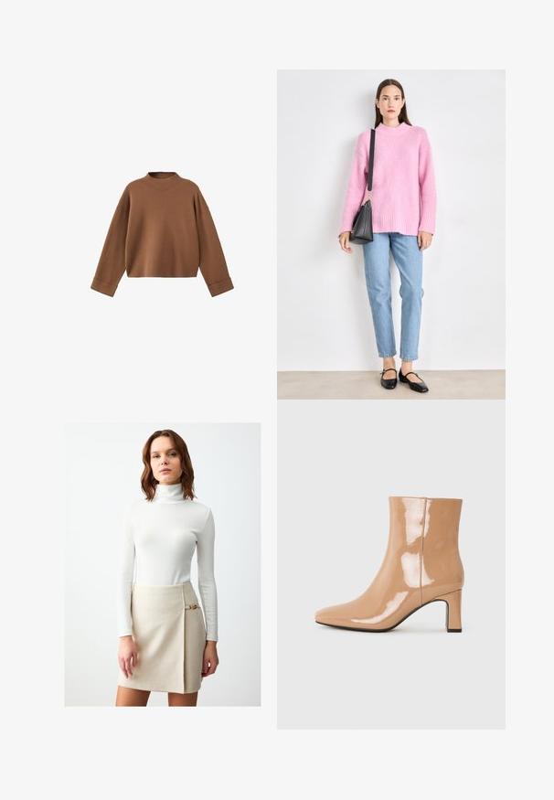 Brązowy sweter dzianinowy z wysokim kołnierzem, opuszczonymi ramionami i szerokimi mankietami. Miękka tekstura i krótkie wykończenie.; Obcisła biała golf z prążkowanej tkaniny z długimi rękawami, w zestawieniu z beżową spódnicą o kroju kopertowym z złotym akcentem na pasku.; Nude lakierowane botki za kostkę z ostrym noskiem, błyszczącym wykończeniem i średniej wysokości słupkowym obcasem. Gładka tekstura i elegancka sylwetka.; Różowy, puszysty sweter z wysokim dekoltem, jasnoniebieskie dżinsy i czarne baleriny. Sweter ma luźny krój i ściągacze na mankietach. Czarna torebka z paskiem.