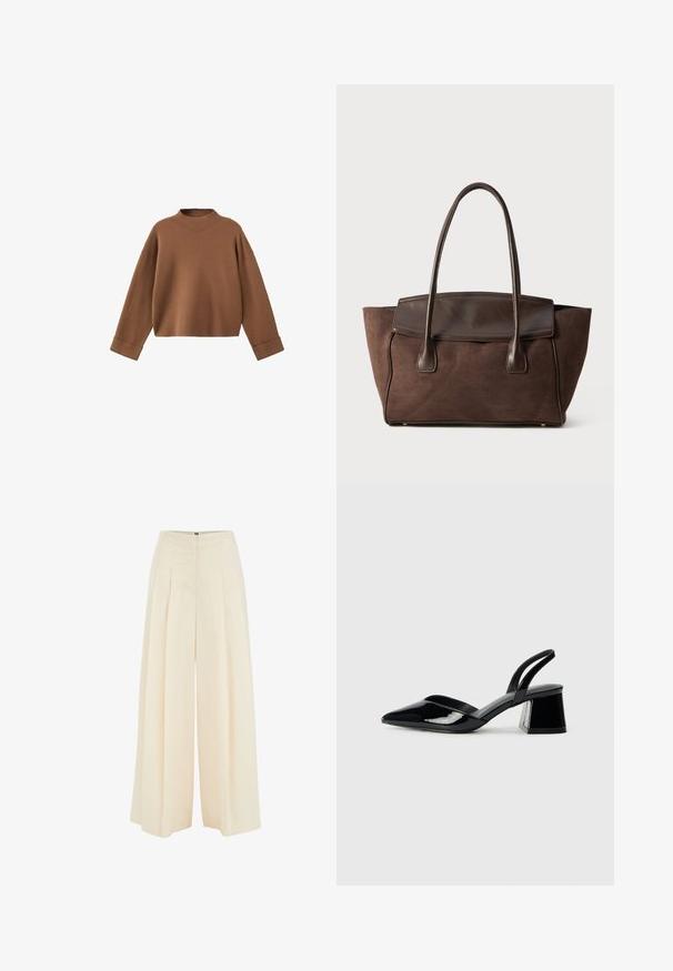 Brun strikket pullover med høj halsudskæring, sænket skuldre og brede manchetter. Blød tekstur og cropped design.; Bredde bukser i lys beige stof, med plisseret frontdesign, høj talje og glat tekstur. Ingen synlig hardware eller mønstre.; Sorte patentlæder slingback hæle med spids tå og en geometrisk blok hæl. Har et elegant, minimalistisk design og en glat tekstur.; Brun ruskinds tote bag med et struktureret design, glatte læderdetaljer, forlængede håndtag og subtil kontrastsyning.