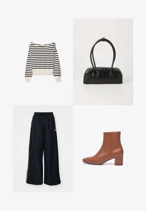 Sweater rayé noir et blanc avec un large col bateau, des manches longues et un ourlet côtelé serré à la taille. Texture douce et tricotée.; Pantalons larges noirs en tissu léger. Dotés d'une taille élastique avec cordon de serrage et de rayures blanches sur les côtés. Logo de la marque sur la hanche.; Bottines en cuir marron avec un bout carré et un talon bloc, présentant une texture lisse et un design minimaliste.; Sac à main en cuir noir avec deux anses allongées, fermeture éclair et forme arrondie ; texture lisse avec une finition légèrement brillante.