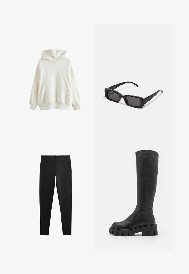 Vit huva-tröja tillverkad av mjukt tyg, med en framficka, ribbade ärmslut och en avslappnad passform med en dubbel-lagrad huva.; Svarta leggings med en slät yta och åtsittande silhuett, med hög midja och en sömlös design för komfort och mångsidighet.; Svarta knähöga stövlar i slätt läder med rund tå och en kraftig strukturerad sula med djupa spår.; Svarta rektangulära solglasögon med mörka linser, glänsande yta, breda skalmar och en gedigen ramdesign. Graverat märke på ena skalmen.