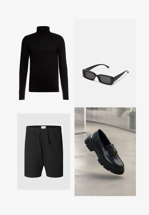 Juodas golfas, pagamintas iš minkštos, megztos medžiagos; turi ilgus rankovės ir raštuotą apačią bei apykaklę, suteikiančią aptemptą siluetą.; Juodi šortai, pagaminti iš tekstūruotos, raibos medžiagos. Sukurti su elastinga juosmens juosta ir raišteliu. Įrengti šoninės kišenės.; Juodos odinės loafer bateliai su masyviu guminiu padu ir išryškintu protektoriumi. Su priekinėmis diržais su apvaliu metaliniu akcentu.; Juodos stačiakampės saulės akiniai su tamsiais lęšiais, blizgiu paviršiumi, plačiomis kojelėmis ir masyviu rėmeliu. Ant vienos kojelės yra išgraviruotas prekės ženklas.