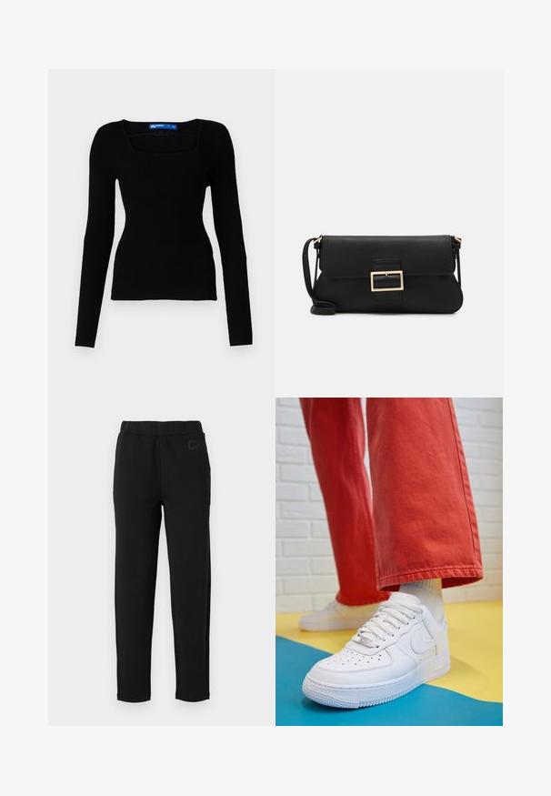 Čierny rebrovaný úpletový top s dlhým rukávom a štvorcovým výstrihom, ktorý má priliehavý strih, vyrobený z textúrovaného materiálu bez viditeľných kovových súčastí alebo doplnkov.; Čierne tepláky s elastickým pásom, vyrobené z mäkkej tkaniny. Na prednej strane je jemné logo "CK". Dlhé nohavice rovného strihu.; Biele kožené tenisky s perforovanou špičkou, textúrovanou podrážkou a bielymi šnúrkami, spárované so širokými červenými nohavicami na modrom a žltom pozadí.; Čierna kožená clutch taška s klopou a zlatým kovovým detailom s prackou. Obsahuje čierny remienok a elegantný, minimalistický dizajn.