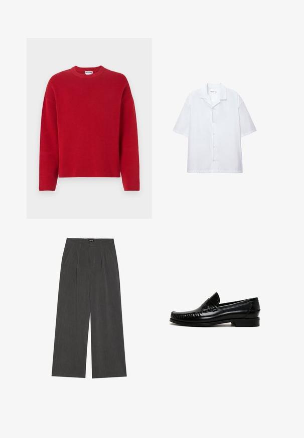Maglione rosso a maglia con scollo tondo e spalle scese. Presenta una finitura texturizzata e una vestibilità ampia. Nessun motivo o accenti visibili.; Camicia bianca a maniche corte con bottoni, realizzata in tessuto soffice, caratterizzata da un colletto classico e una vestibilità casual. Nessun motivo o dettaglio visibile.; Pantaloni a gamba larga in tessuto grigio scuro, con fronte plissettato, due tasche laterali e vita piatta. Texture liscia e design sartoriale.; Mocassini in pelle nera con punta arrotondata, dettagli cuciti lungo i bordi e tacco basso a blocco. Texture liscia e design minimalista.